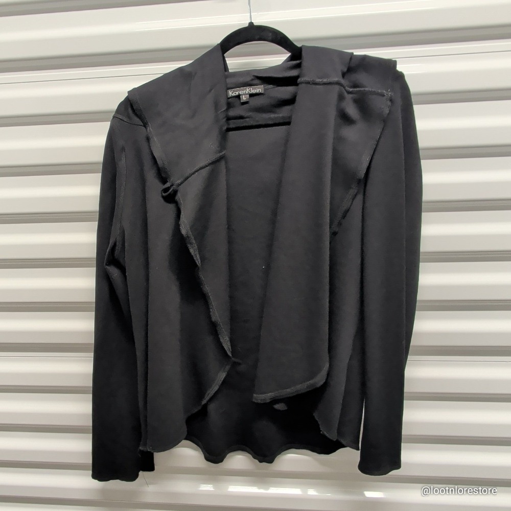 Karen‎ Klein Cardigan Womens Large Black Hooded Asymmetrical Button Wrap Sweater